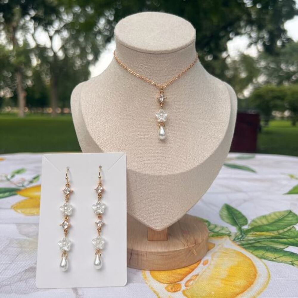 Pearl White Diamond Crystal Glass Floral Czech Long Romantic Sweet Jewelry Set